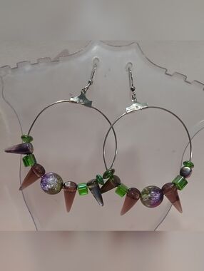 Hand crafted Purple & Green Beaded Hoop Earrings